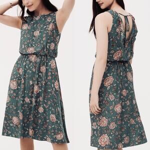 EUC LOFT Outlet Grey and Pink Floral Tie Back Midi Dress. Size M (Petite).